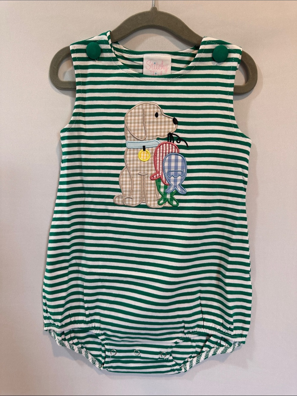Striped Green & White Puppy Applique Baby Romper